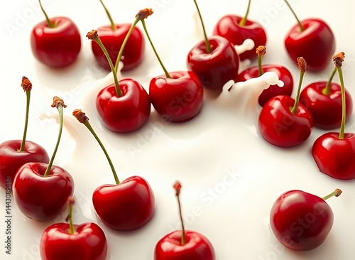 Bright Red Cherries in Bunch on White Background