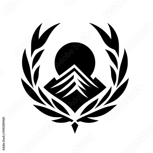 Minimalist Mountain Crest with Laurel Wreath, Black & White Logo, Emblem