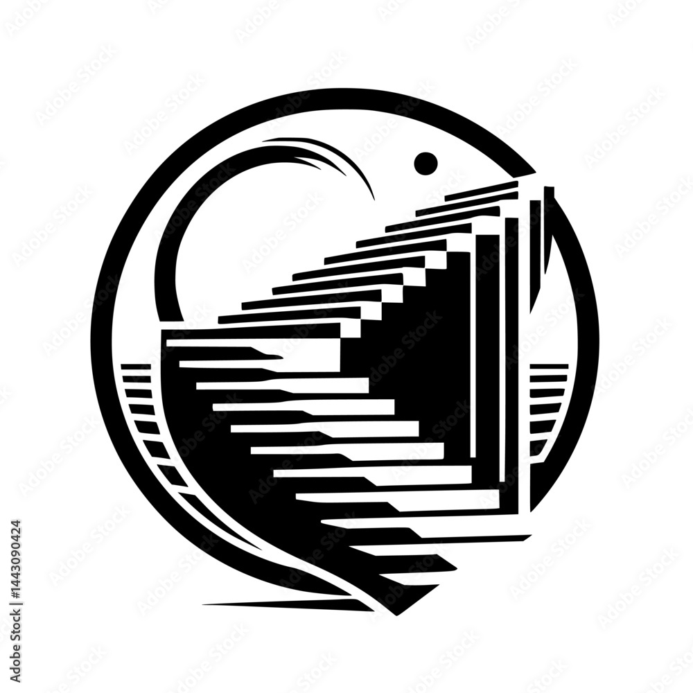 Abstract Deco Staircase Logo Design, Black and White, Circle Composition