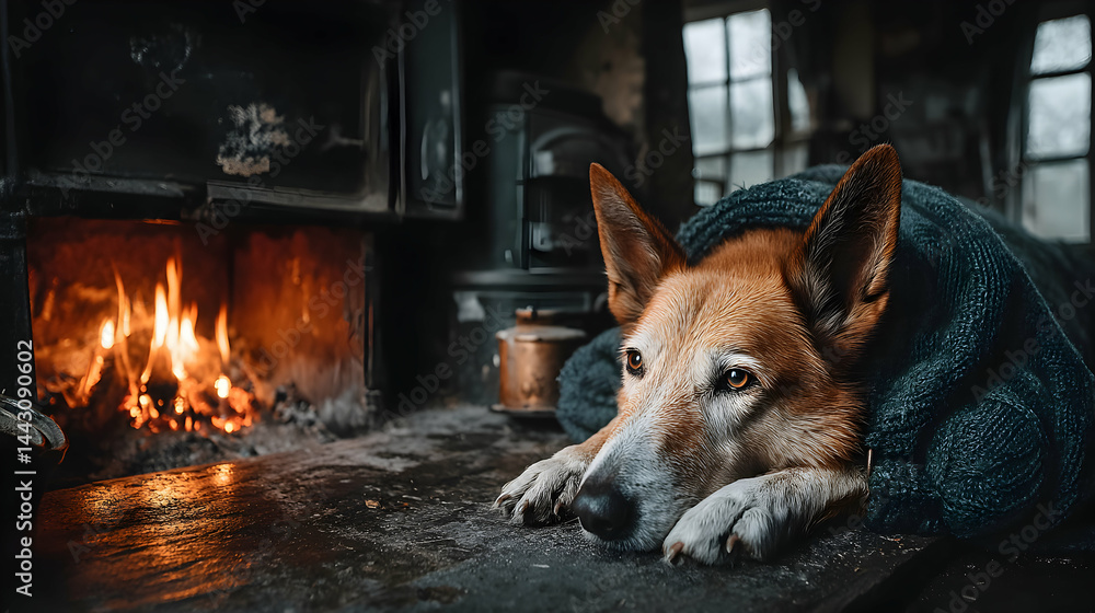Obraz premium Cozy dog resting by a warm fireplace, enveloped in a soft blanket. A heartwarming winter scene.