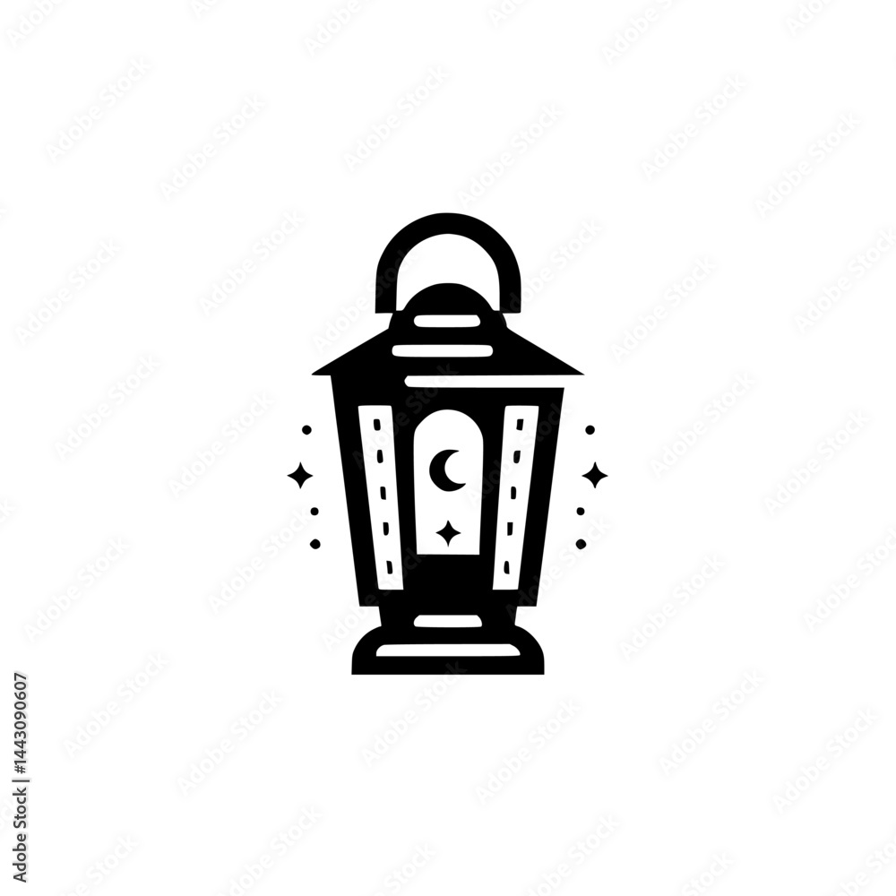 Minimalist Black Lantern with Crescent Moon & Stars: Vector Icon Minimalist Black Lantern with Crescent Moon & Stars: Vector Icon