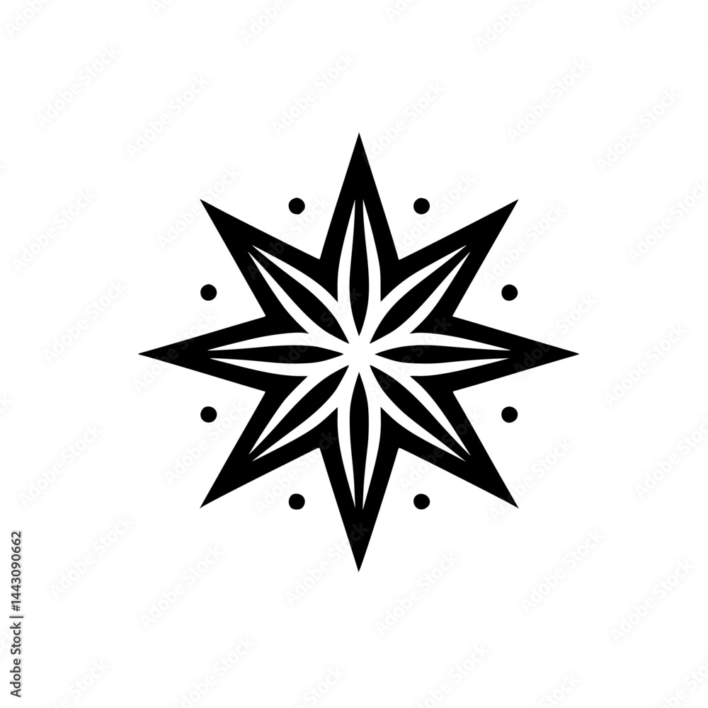 Black and White Eight-Point Star Design, Minimalist, Decorative Black and White Eight-Point Star Design, Minimalist, Decorative