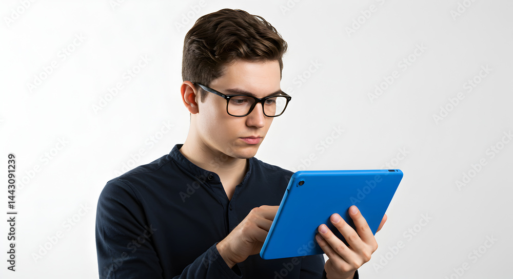 Young Man Using Blue Tablet Computer Device Against White Background in Studio Lighting Young Man Using Blue Tablet Computer Device Against White Background in Studio Lighting