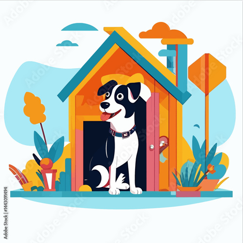 Happy Dog in Doghouse Illustration_Cute Pet in Colorful Home_Cartoon Dog with Collar_Playful Puppy in Whimsical Scene_Dog Ownership Art_Pet Shelter Image