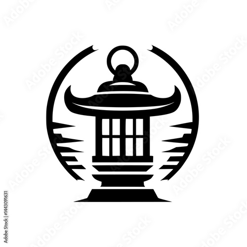 Japanese Lantern Logo, Black and White Vector Illustration