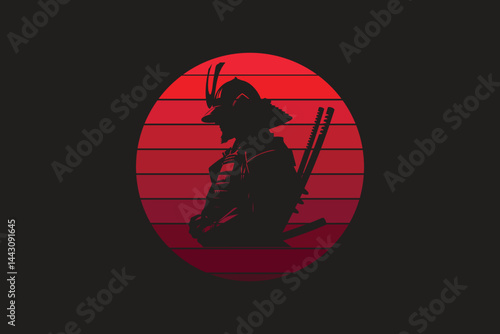 Samurai design with red moon in silhouette style