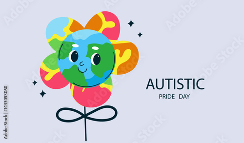  autistic pride day celebration. Earth planet cute character. Concept of autism acceptance and neuro diversity support. Greeting card. Cartoon vector.