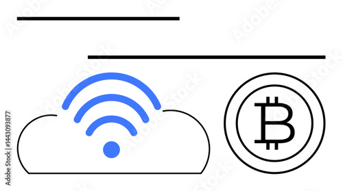 Cloud with wireless connectivity symbol and cryptocurrency representation using Bitcoin. Ideal for technology, finance, digital economy, wireless connection, investment, blockchain, minimalism. Flat