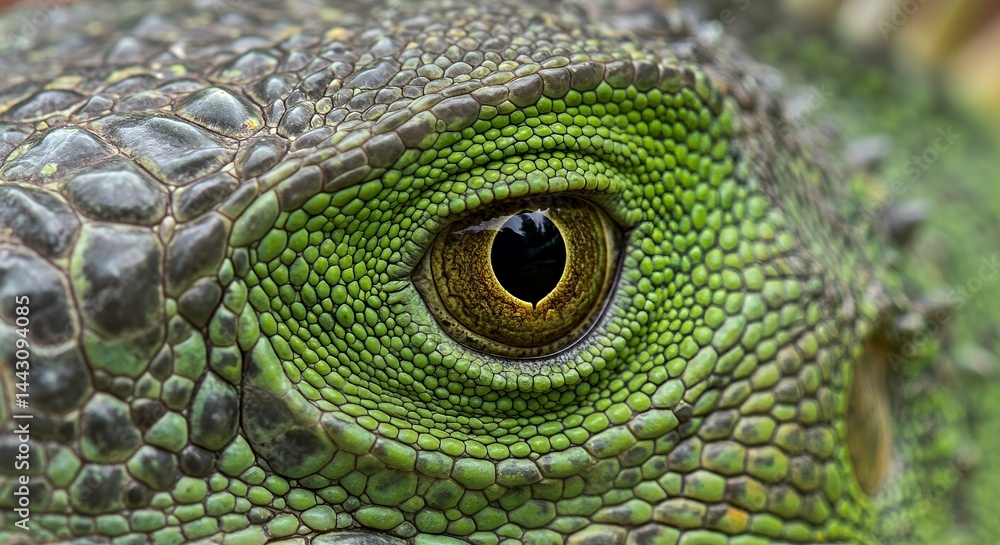 Fototapeta premium Close-up of a Green Iguana's Eye: Nature's Emerald Gaze