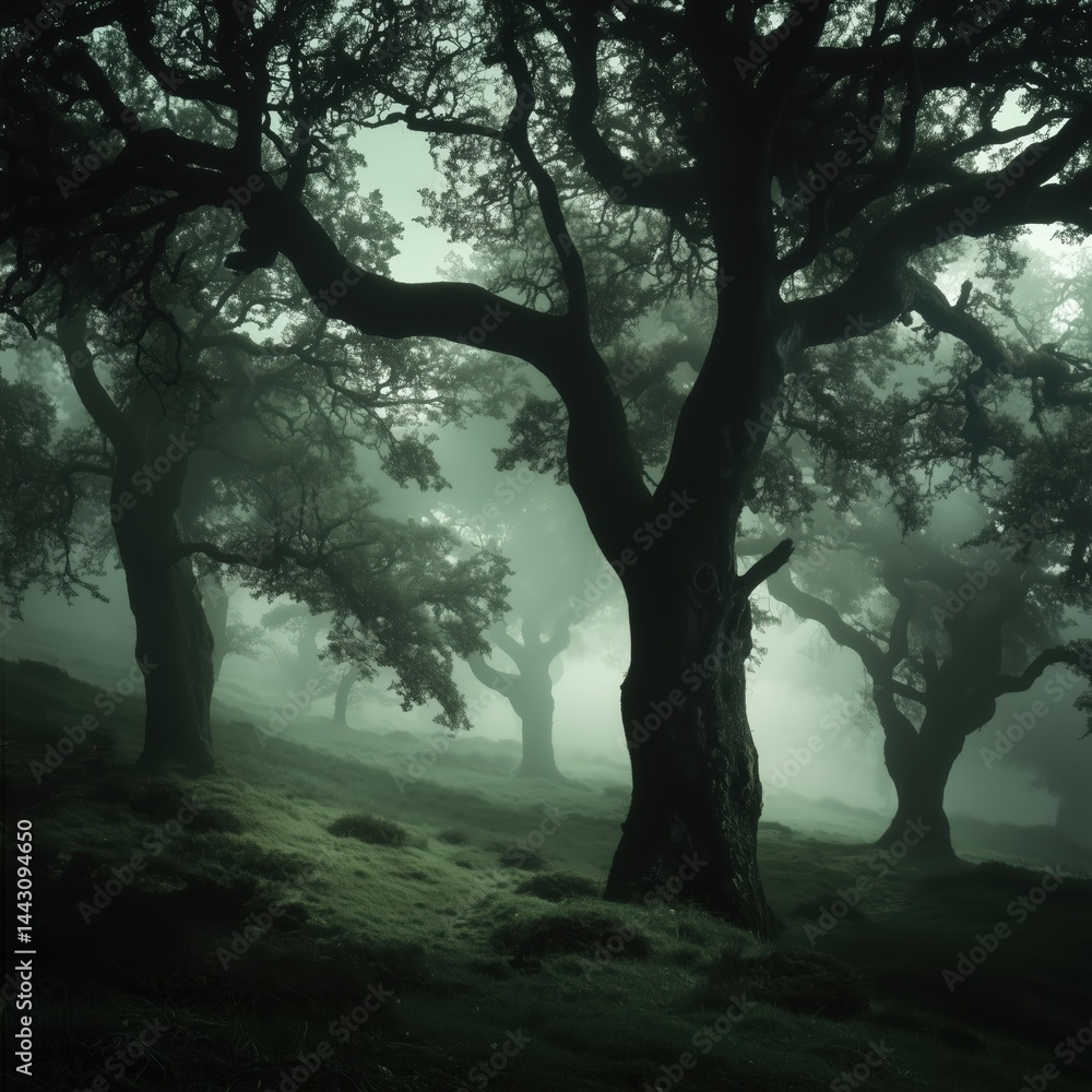 Mysterious forest with towering trees shrouded in fog during early morning hours Mysterious forest with towering trees shrouded in fog during early morning hours