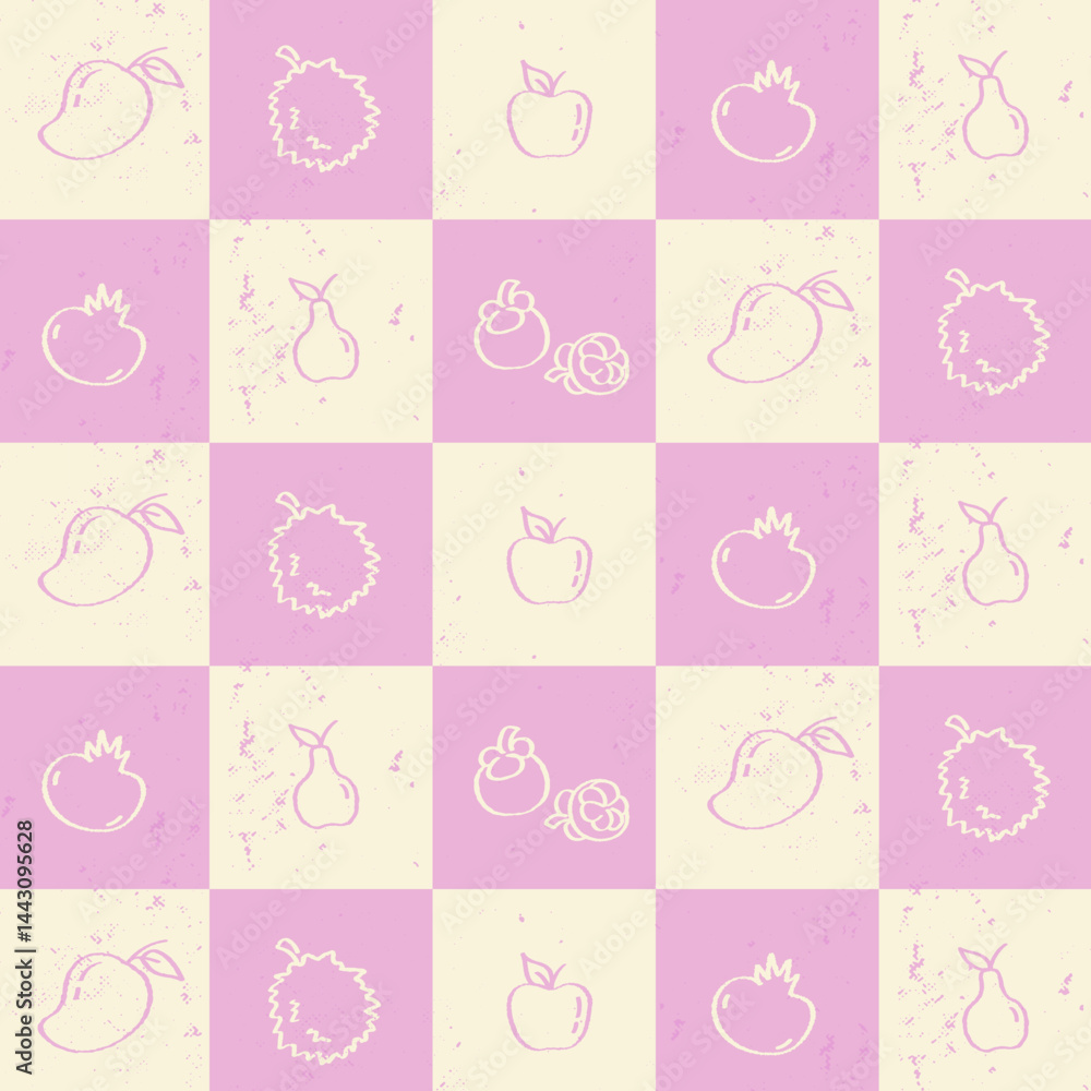 Seamless patterns with exotic fruits. Pastel Pink Fruit Pattern on Checkerboard Background. Seamless pink checkerboard pattern with hand-drawn tropical and garden fruits Seamless patterns with exotic fruits. Pastel Pink Fruit Pattern on Checkerboard Background. Seamless pink checkerboard pattern with hand-drawn tropical and garden fruits