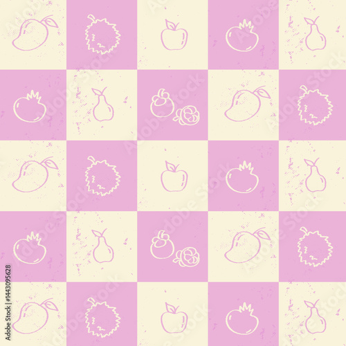 Seamless patterns with exotic fruits. Pastel Pink Fruit Pattern on Checkerboard Background. Seamless pink checkerboard pattern with hand-drawn tropical and garden fruits
