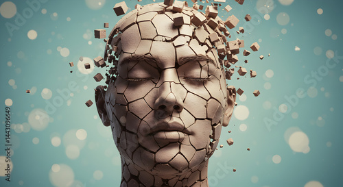 Cracked Stone Face Portrait Pixelated into Cubes on Light Blue Background Creates an Abstract Conceptual Fragmentation