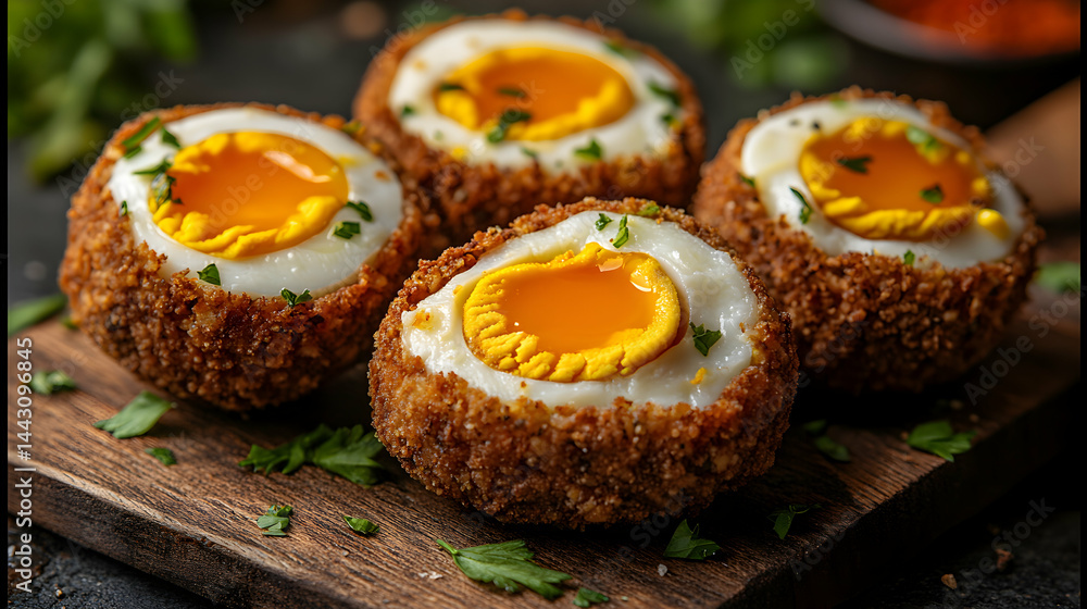 Delicious breaded Scotch eggs, halves revealing golden yolks, garnished with parsley, on a rustic wooden board. Perfect for breakfast, brunch, or appetizers. Delicious breaded Scotch eggs, halves revealing golden yolks, garnished with parsley, on a rustic wooden board. Perfect for breakfast, brunch, or appetizers.