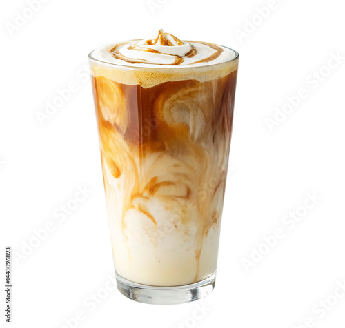Iced caramel latte in a glass with whipped cream and caramel drizzle PNG