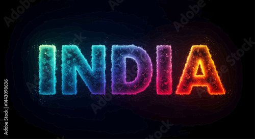 Digitally generated image on a dark, almost black background depicting the word "india" in a stylized, 3D style.