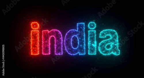 A digitally generated image with a dark, almost black background showing vibrant flashes of light. The word "india" is made up of three-dimensional letters,