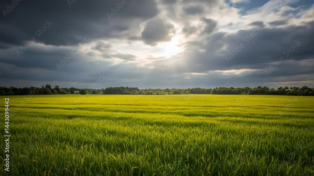 Rays of Sunlight Over Lush Green Field Under Stormy Sky Rays of Sunlight Over Lush Green Field Under Stormy Sky