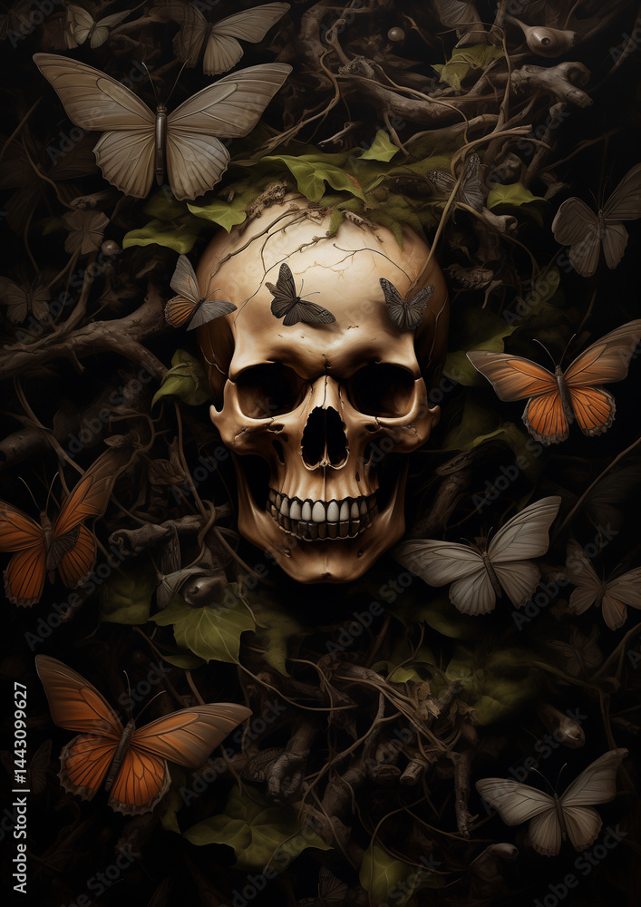 skull with butterflies in a dark mystical setting, dark fantasy illustration, ideal for gothic artwork, book covers, album covers	
