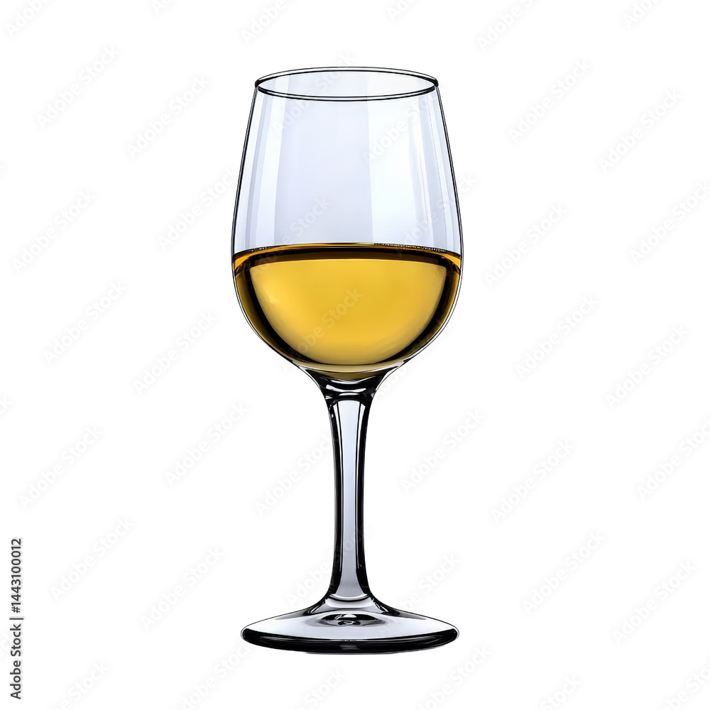Elegant glass of white wine in a tall clear wine glass isolated on a white background showcasing transparency and reflection for fine dining or celebration themes Elegant glass of white wine in a tall clear wine glass isolated on a white background showcasing transparency and reflection for fine dining or celebration themes