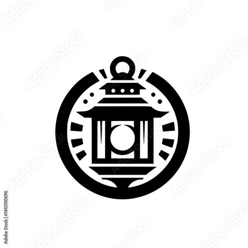 Minimalist Japanese Lantern Logo in Black and White, Circular Frame