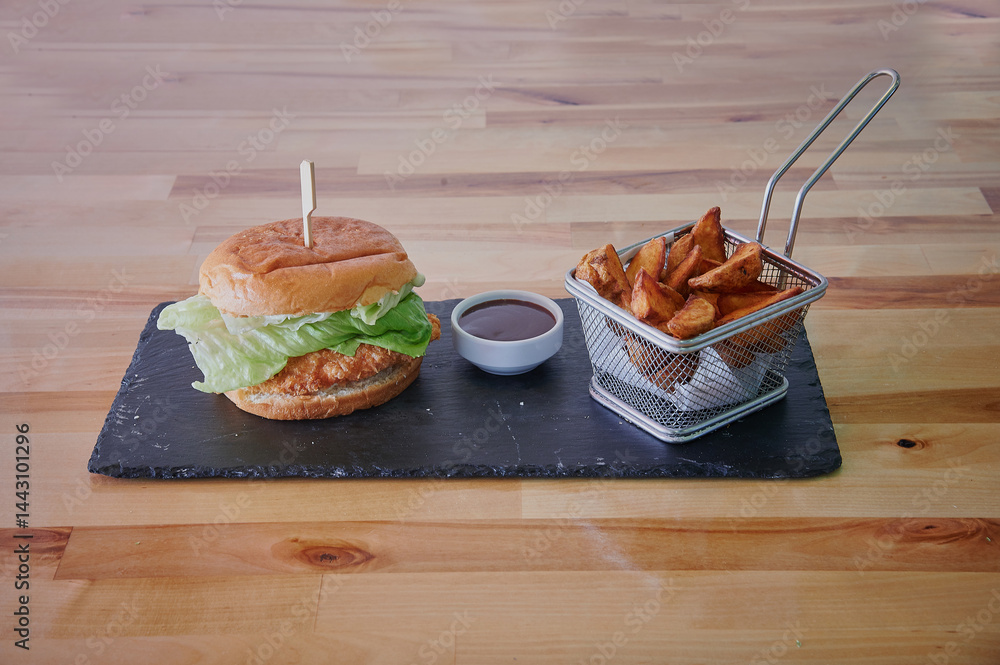 A burger with lettuce and a side of fries. The fries are in a basket. The burger is on a black plate