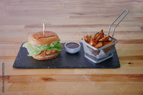 Obraz na płótnie A burger with lettuce and a side of fries. The fries are in a basket. The burger is on a black plate w salonie