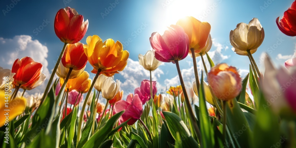 Fototapeta premium Vibrant tulip field blooming under a clear blue sky with bright sun shining down on a colorful array of flowers