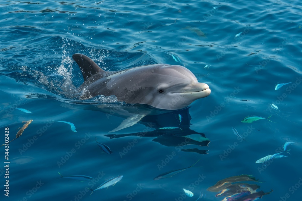 Fototapeta premium Dolphin swimming joyfully in clear blue ocean water