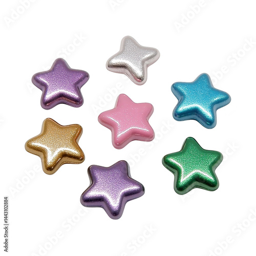 Colorful star shaped magnets in metallic shades of purple, silver, blue, pink, gold, and green are arranged in scattered pattern. shiny surface adds playful and vibrant touch