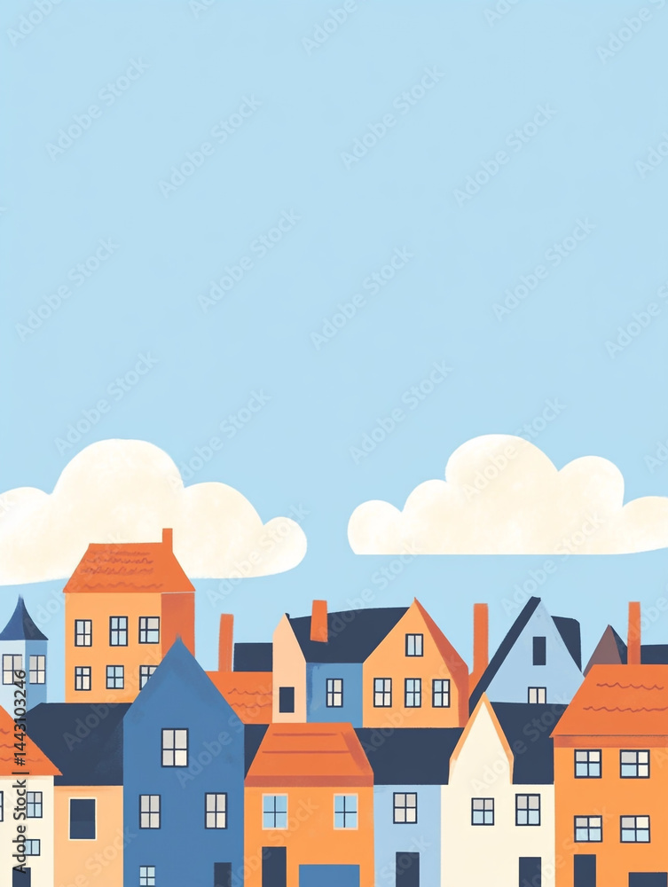 The image shows a collection of colorful houses with various roof styles under a clear blue sky with two clouds. The vibrant colors and simple design make it visually appealing. The image shows a collection of colorful houses with various roof styles under a clear blue sky with two clouds. The vibrant colors and simple design make it visually appealing.