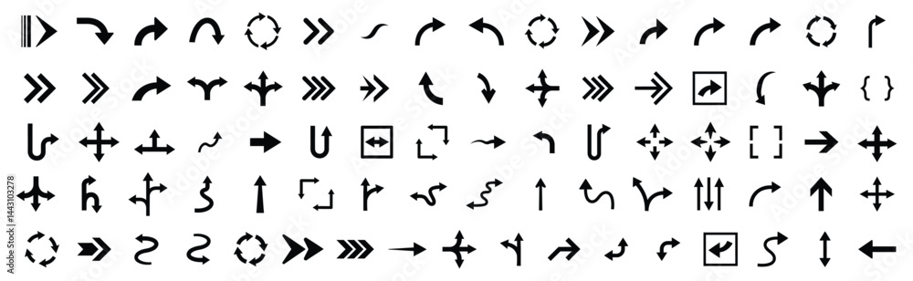 A Set of Arrow Icons and Direction Symbols – Curved, Straight, Circular, and U-Turn Arrow Vector Collection A Set of Arrow Icons and Direction Symbols – Curved, Straight, Circular, and U-Turn Arrow Vector Collection
