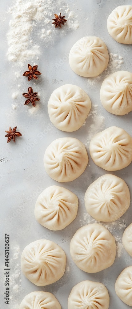 Group of round, light-colored dumplings arranged in a grid-like pattern on a white surface. there are nine dumpling balls in total, each with a unique design on the top. Group of round, light-colored dumplings arranged in a grid-like pattern on a white surface. there are nine dumpling balls in total, each with a unique design on the top.