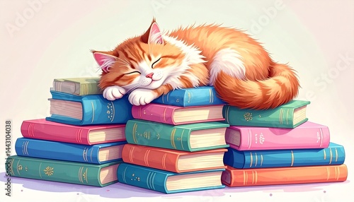 A cozy cartoon scene of a fluffy cat napping on a pile of colorful books
