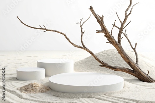 Minimal mockup background for product presentation. Podium and dry tree twigs branch with white sand beach on white background. 3d rendering illustration - generated by ai