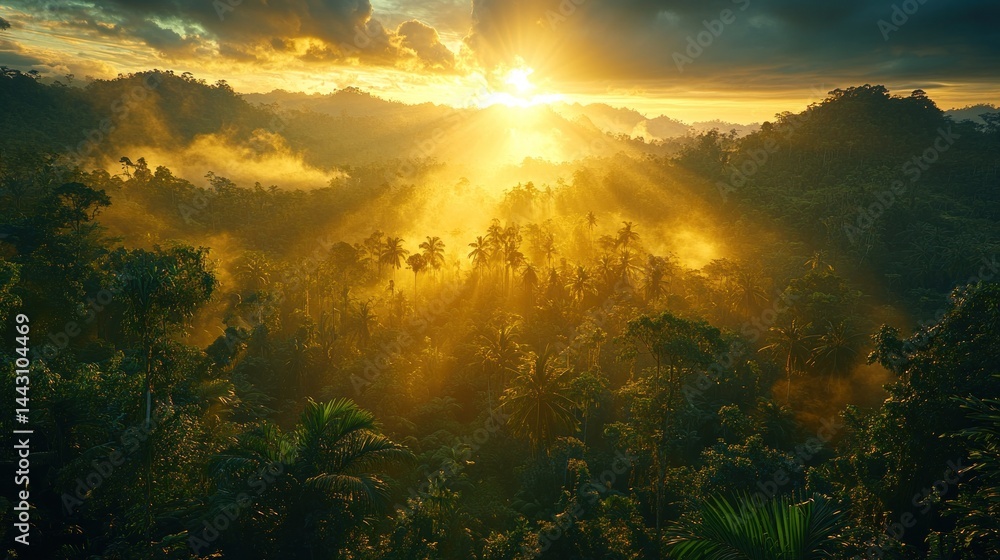 Naklejka premium Sun rays illuminating misty tropical rainforest at sunrise.