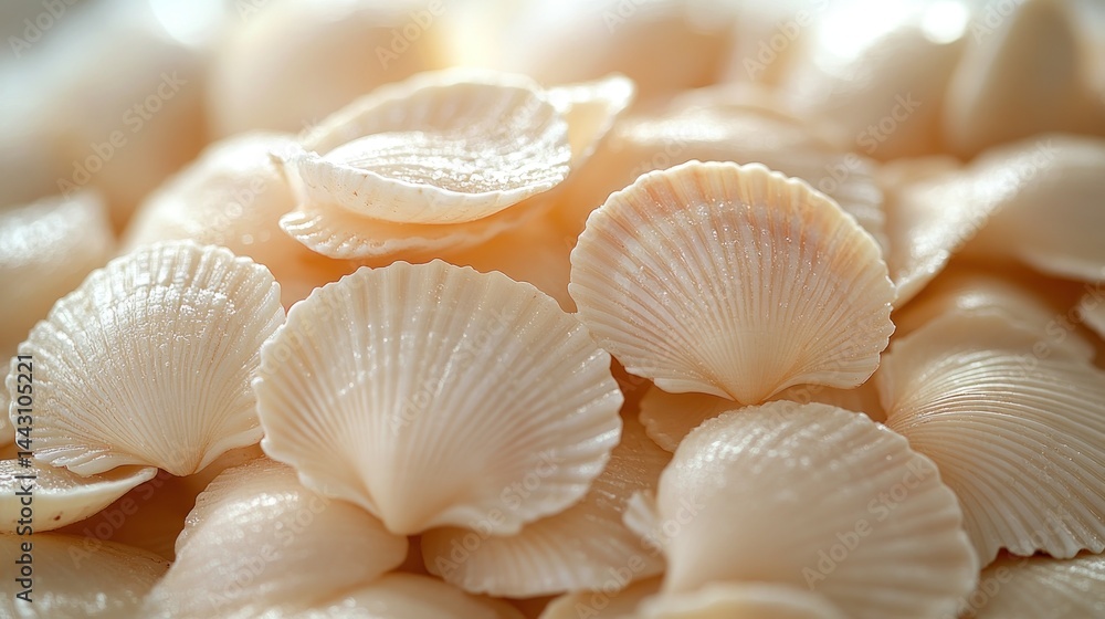 Close-up of a pile of small, pale beige seashells. Close-up of a pile of small, pale beige seashells.