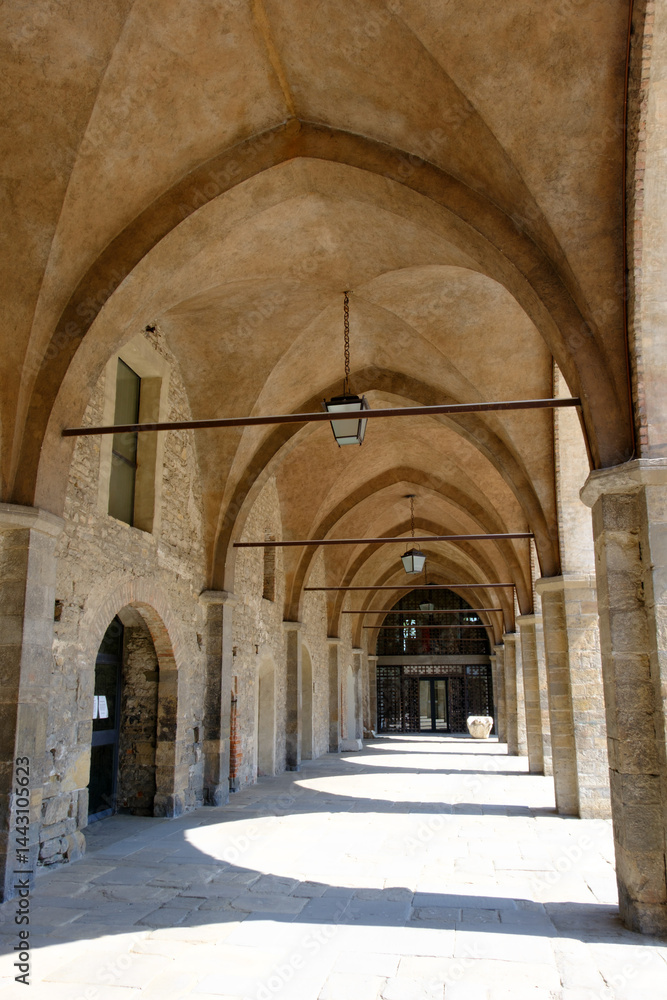 Old buildings along piazza della Cittadella at Bergamo, Italy