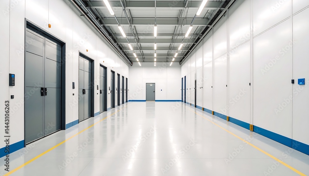 Fototapeta premium Modern Industrial Warehouse Interior Corridor with Rows of Grey Storage Doors and Bright Lighting