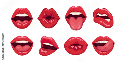 Set of vector icons of red lips, different mouth emotions. Female emotions. Red lips on isolated background