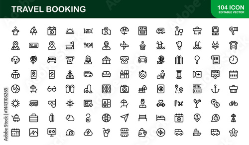 Premium Travel Reservation and Trip Planning Icon Set. Modern Vector Illustrations for Vacation, Hotel, Flight, and Transportation Design