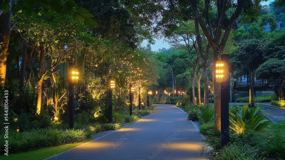Fototapeta premium Evening park pathway lit by lamps