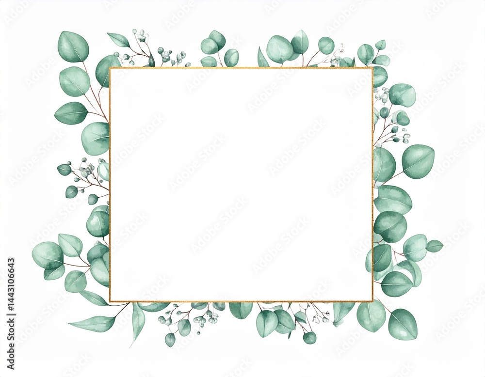 Frame surrounded by eucalyptus branches on a white background. Watercolor. Wedding background, natural plant background