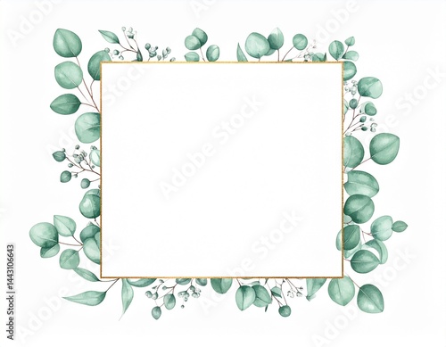 Obraz na płótnie Frame surrounded by eucalyptus branches on a white background. Watercolor. Wedding background, natural plant background w salonie