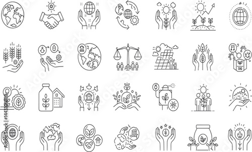 Fair Trade, Sustainability line icon set. Vector pictograms of ethical practices, eco-friendly initiatives, global responsibility