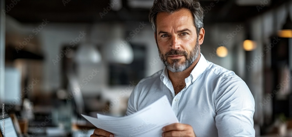 Obraz premium Confident Mature Businessman Reviewing Documents in Modern Office