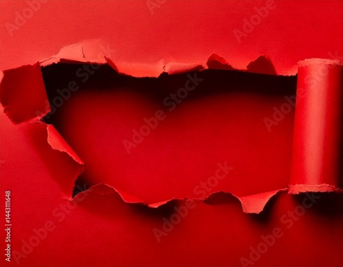 Hole in red paper on white background 