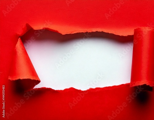 Hole in red paper on white background 