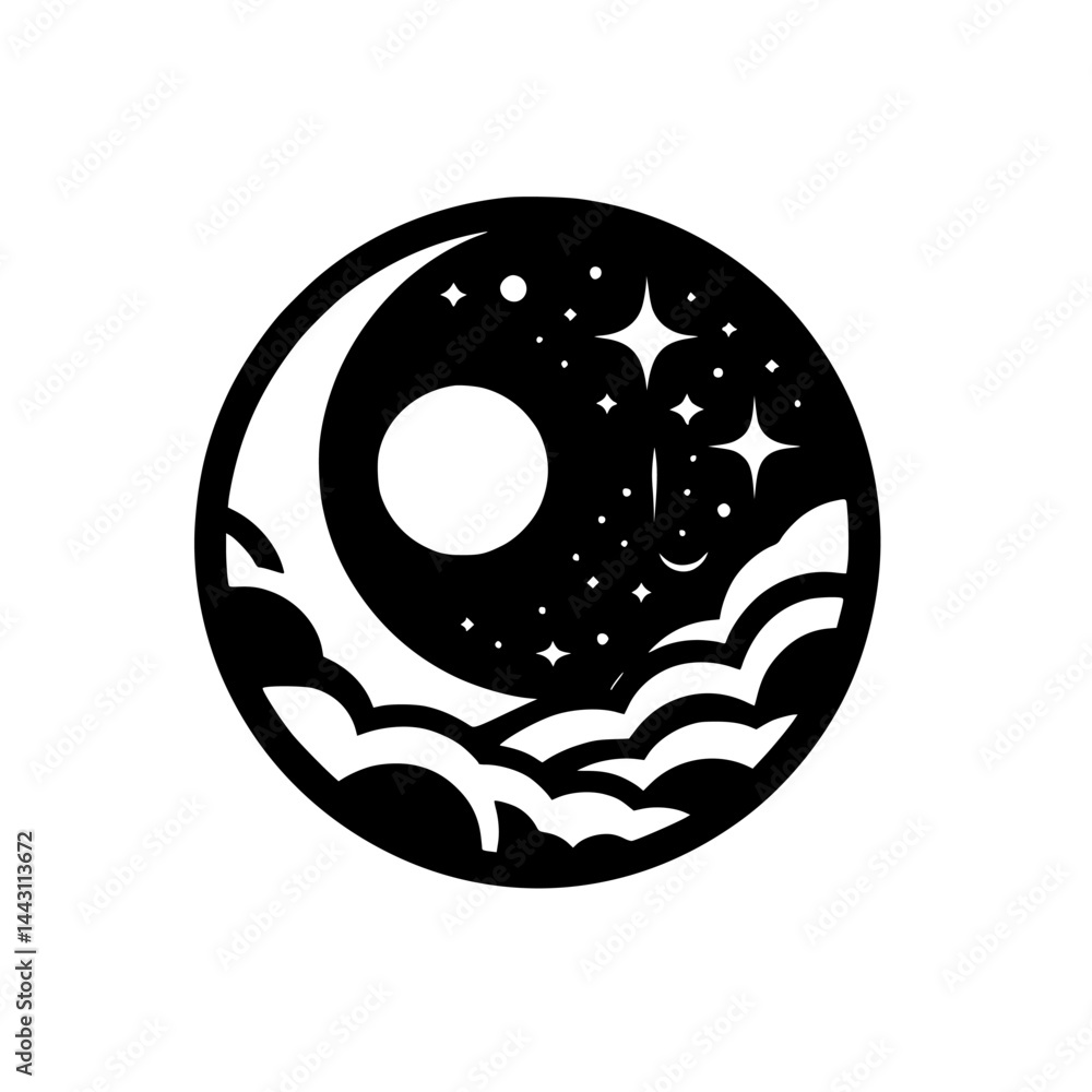 Obraz premium Black and White Celestial Circle: Moon, Stars, and Clouds Illustration
