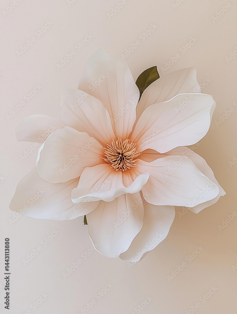 Obraz premium Close-up of a large, white flower with a yellow center. the flower has multiple layers of petals that are arranged in a symmetrical pattern, creating a sense of depth and dimension.